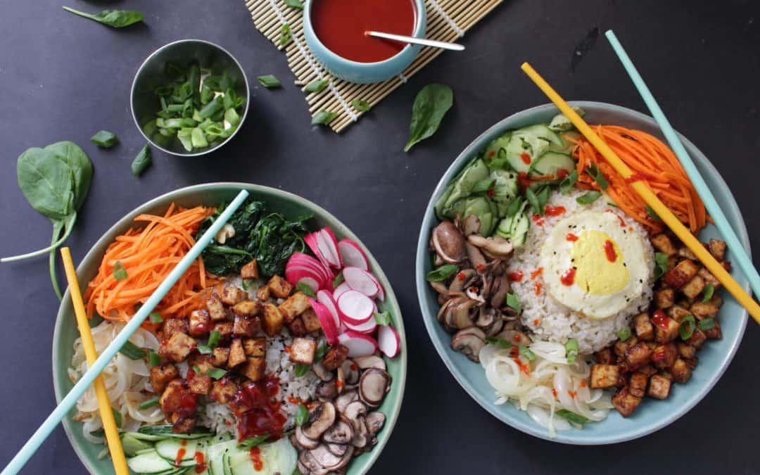 ביבימבאפ קוריאני  Korean Bibimbap טבעוני, צבעוני, מנה עשירה, נטולת גלוטן